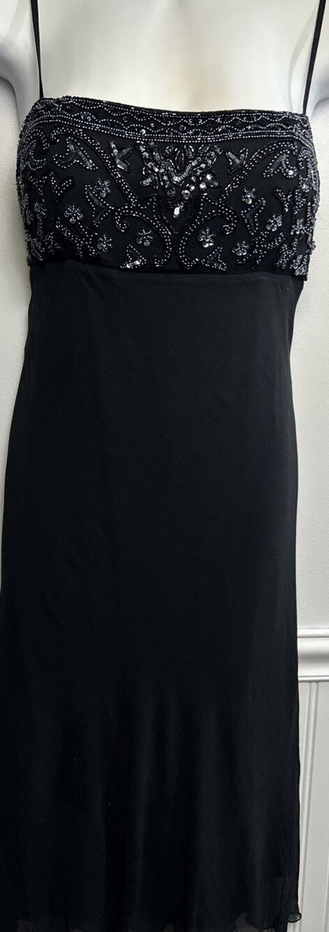 Vintage Stenay 100% Silk Beaded Black Midi Dress 10 Evening Gown Glam Slip Dress